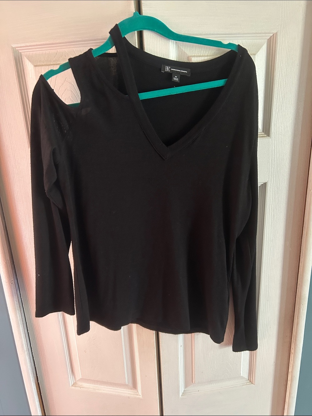 INC International Concepts Black Cold-Shoulder V-Neck Long Sleeve Top